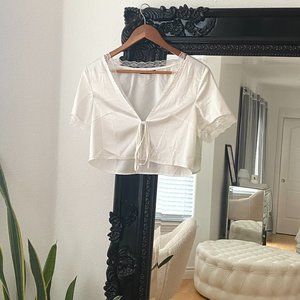 Shein | Women's White Satin Tie-Up Blouse Cropped Lace Shirt